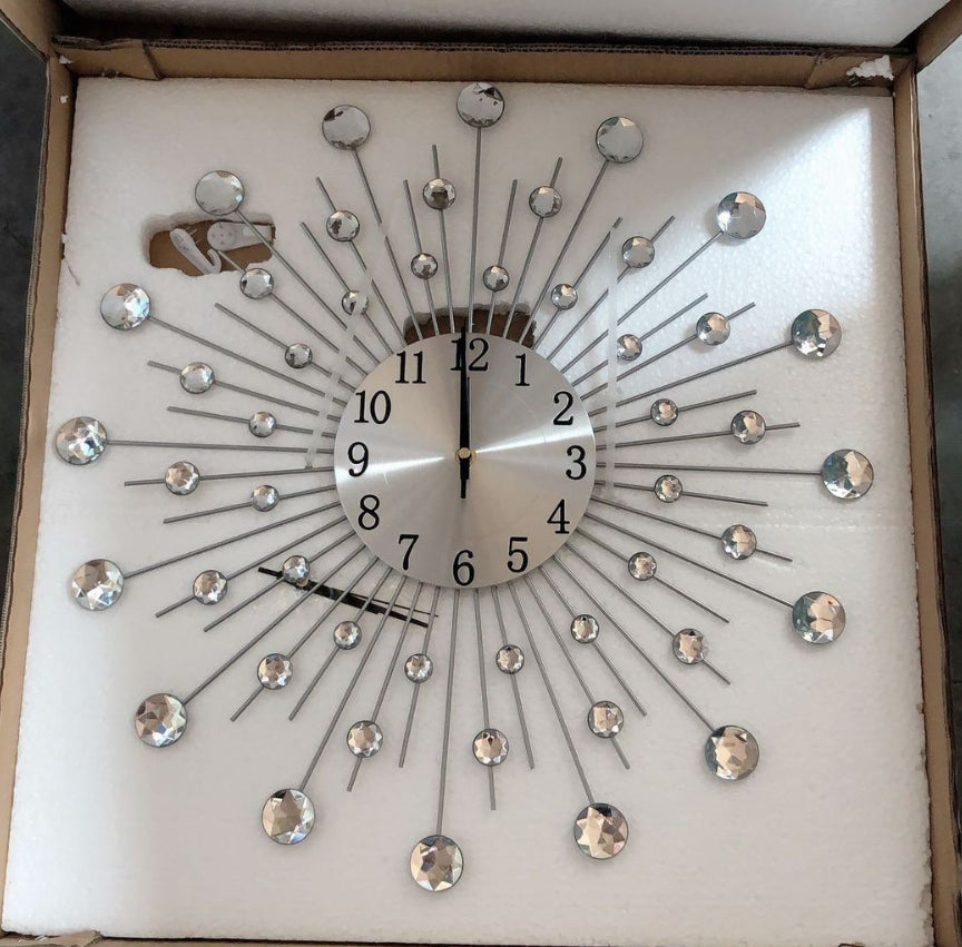 Modern 3D Crystal Wall Clock - 12.4 Inch Silver Mirror with Diamond Decoration