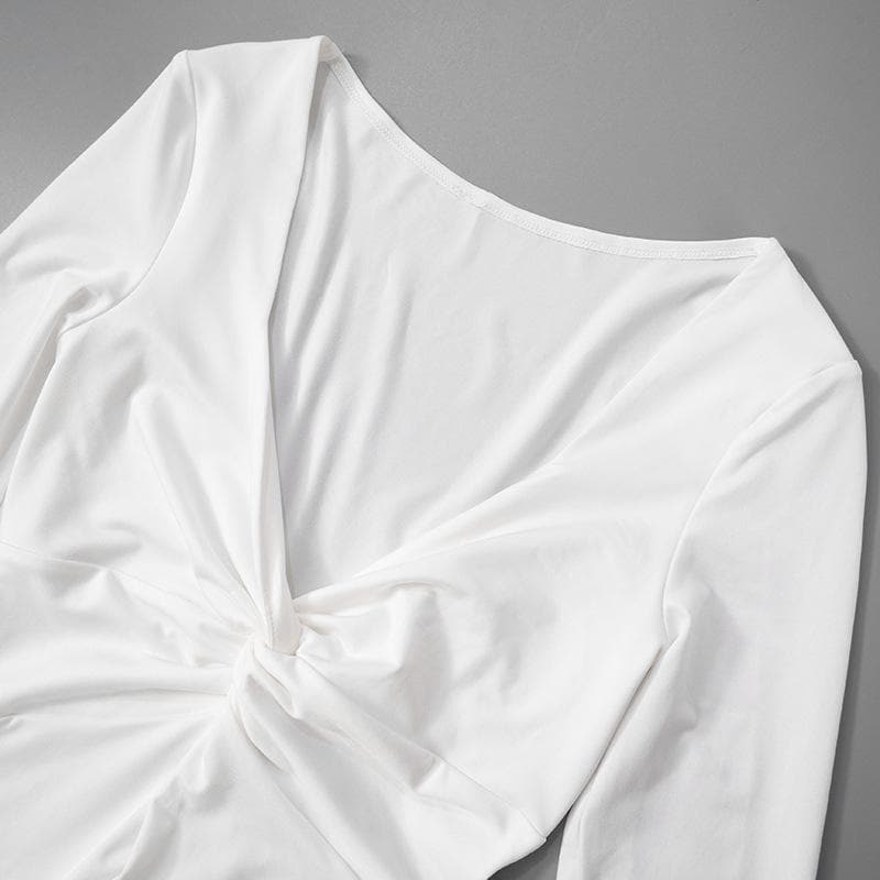 Long flared sleeve ruched v neck solid mini dress