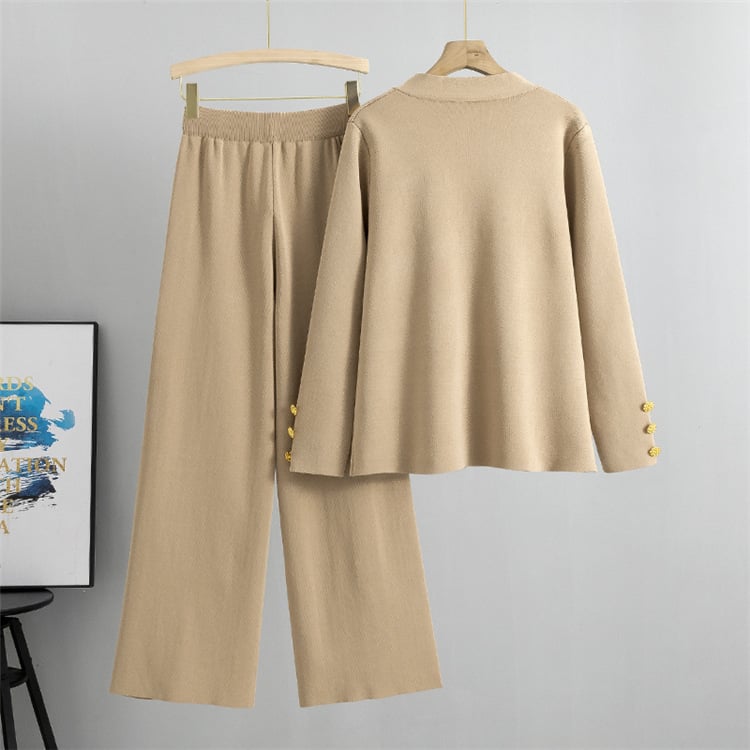 metal button wool sweater wide-leg pants suits