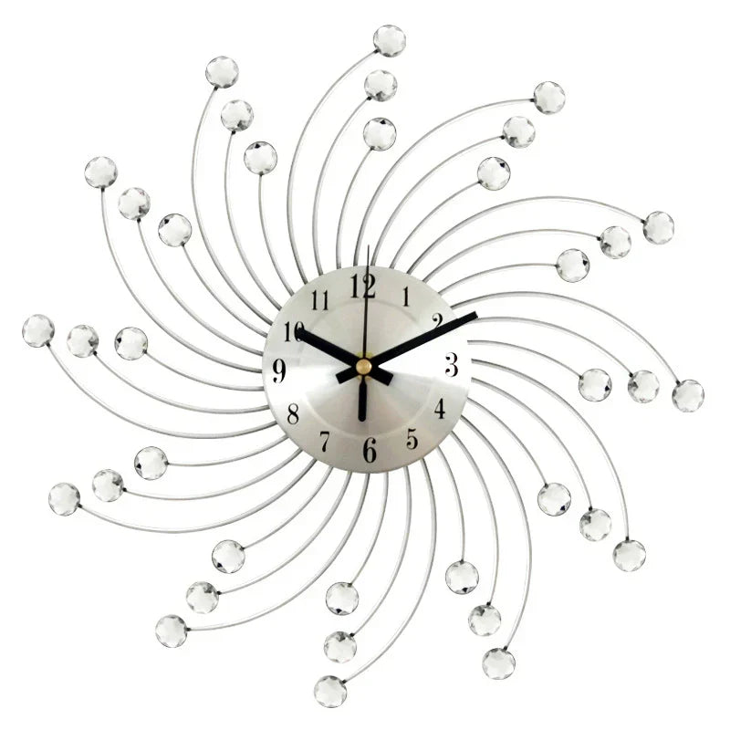 Modern 3D Crystal Wall Clock - 12.4 Inch Silver Mirror with Diamond Decoration