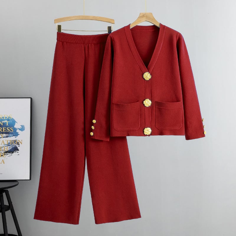 metal button wool sweater wide-leg pants suits