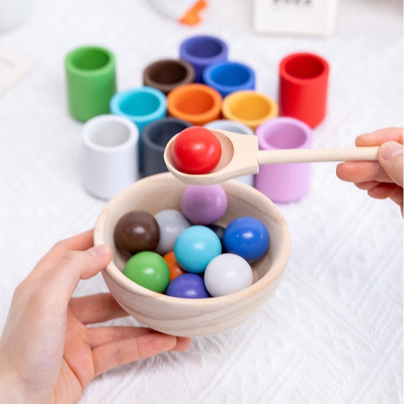 Rainbow Balls in Cups Toddler Montessori Toys, Kids Preschool Wooden Matching Games for Learning Color Sorting and Counting