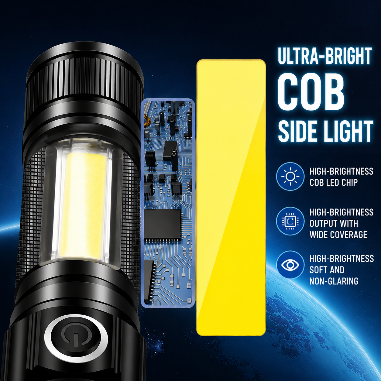 High-intensity flashlight with dual light sources and telescopic zoom