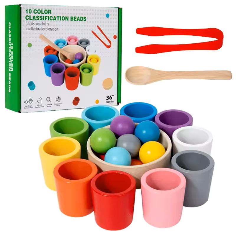 Rainbow Balls in Cups Toddler Montessori Toys, Kids Preschool Wooden Matching Games for Learning Color Sorting and Counting