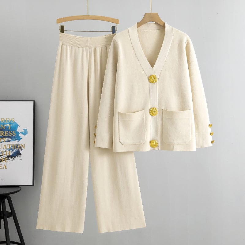 metal button wool sweater wide-leg pants suits