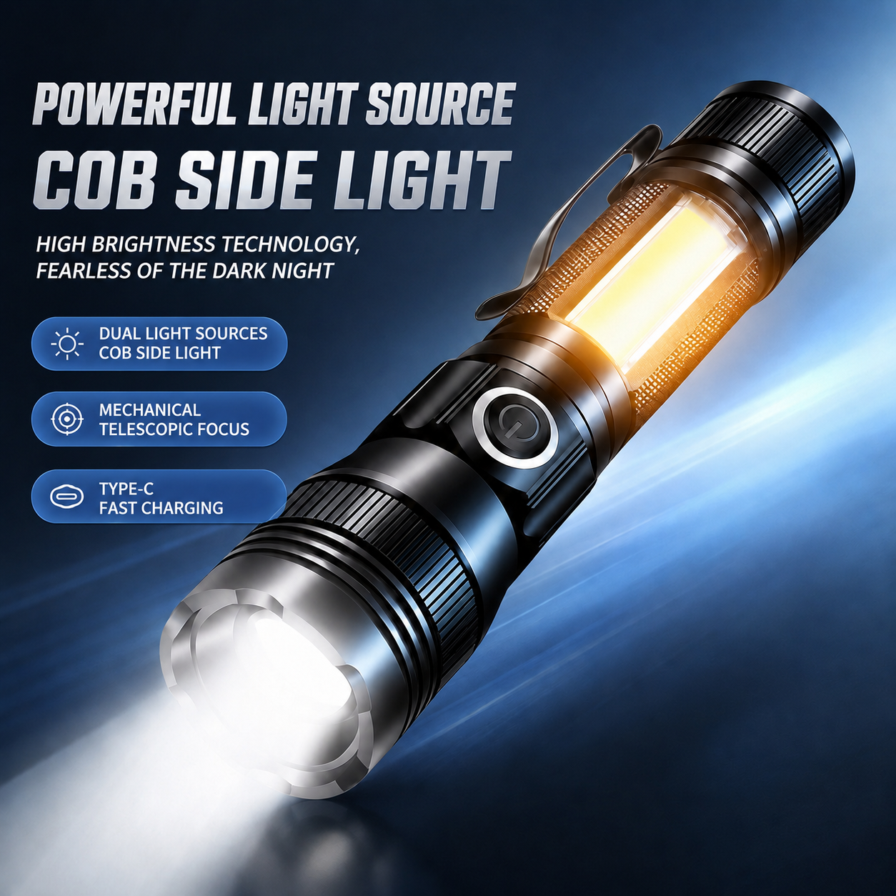 High-intensity flashlight with dual light sources and telescopic zoom
