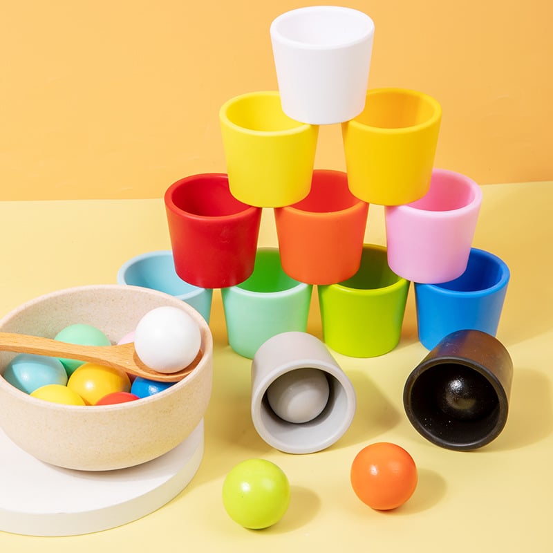 Rainbow Balls in Cups Toddler Montessori Toys, Kids Preschool Wooden Matching Games for Learning Color Sorting and Counting