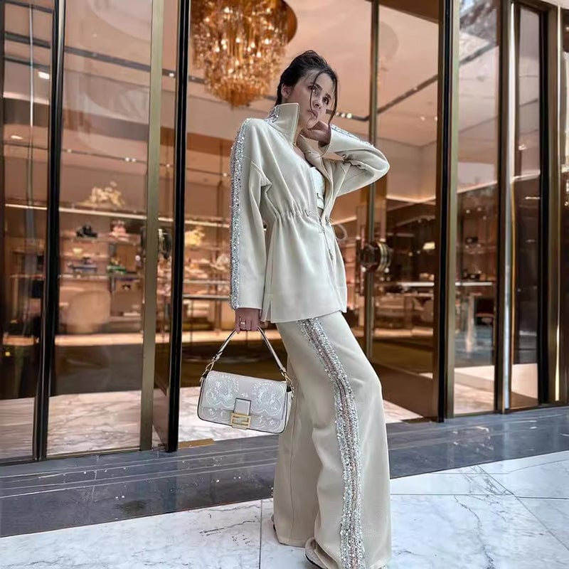 Elegant Sequin-Trimmed Top and Wide-Leg Pants 2-Piece Set