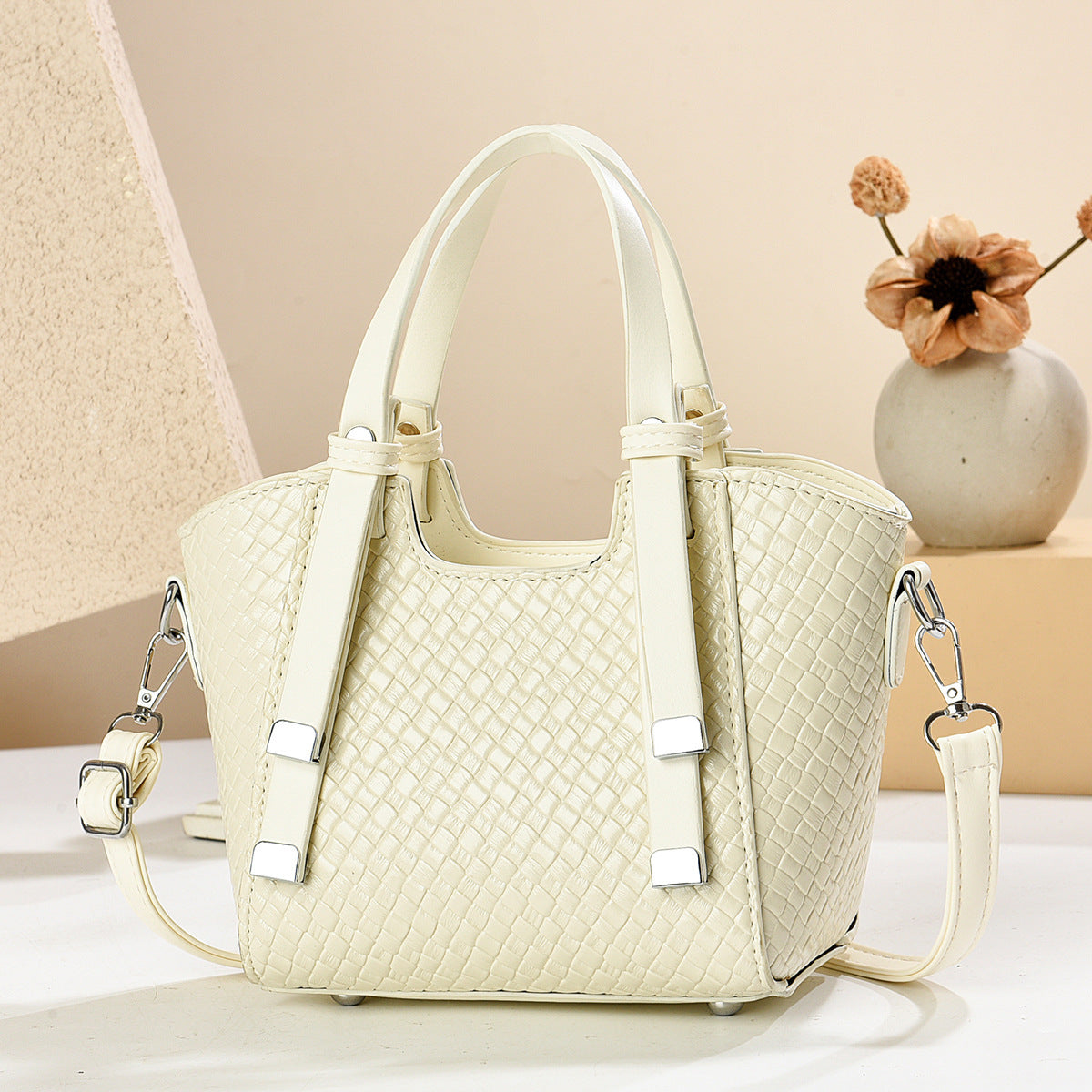 Women's Minimalist Woven-Texture Commuter Bucket Bag