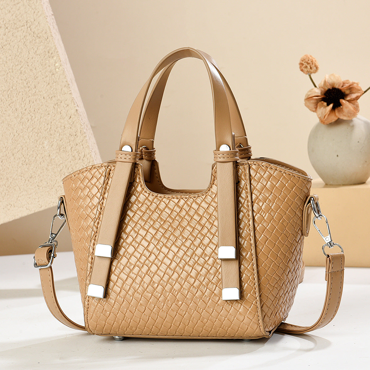 Women's Minimalist Woven-Texture Commuter Bucket Bag