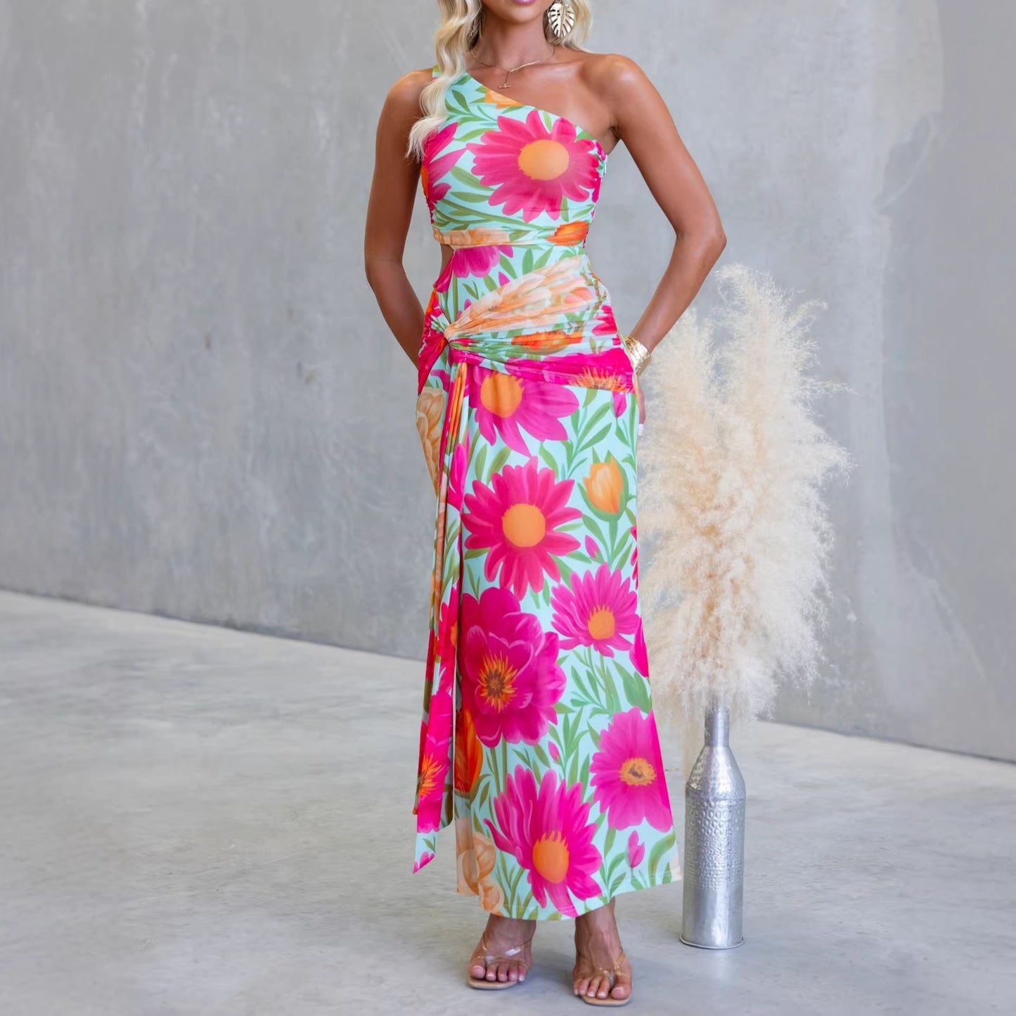 One Shoulder Cutout Twist Maxi Dress