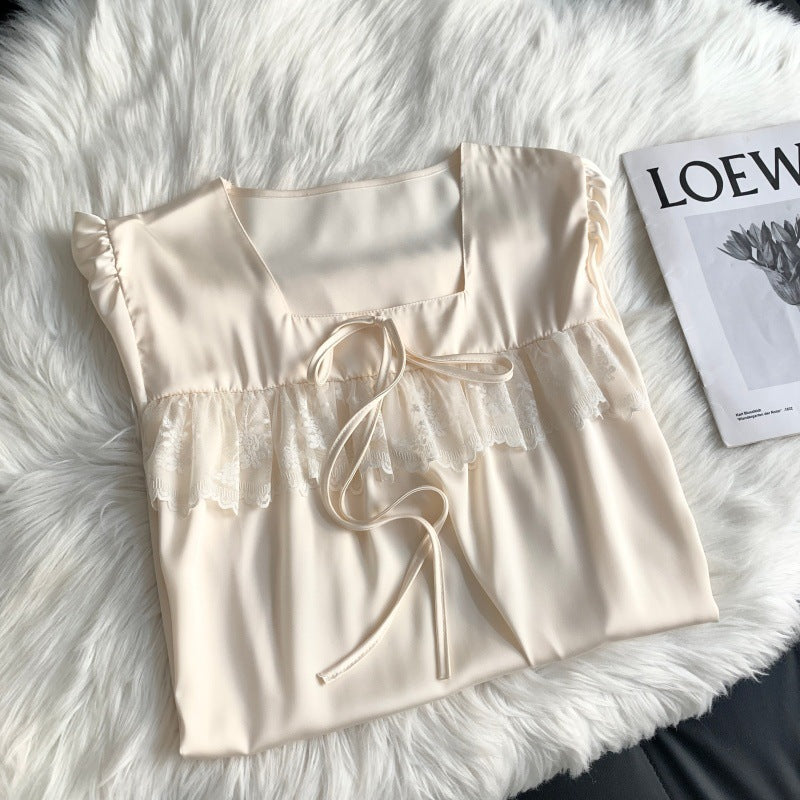 Minimalist-style apricot lace nightgown with a bow for women.