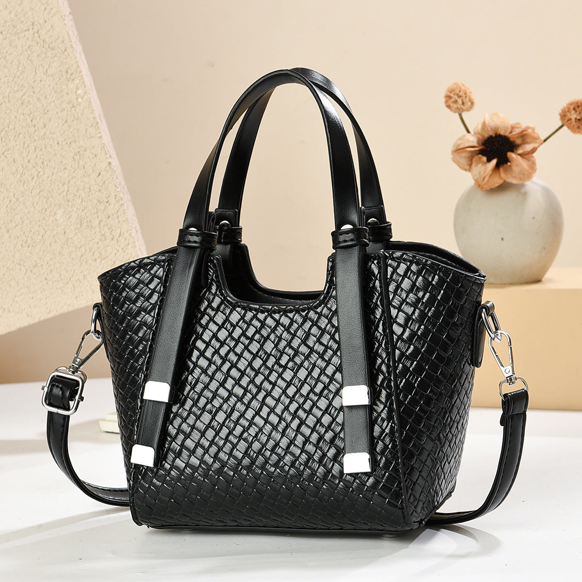 Women's Minimalist Woven-Texture Commuter Bucket Bag