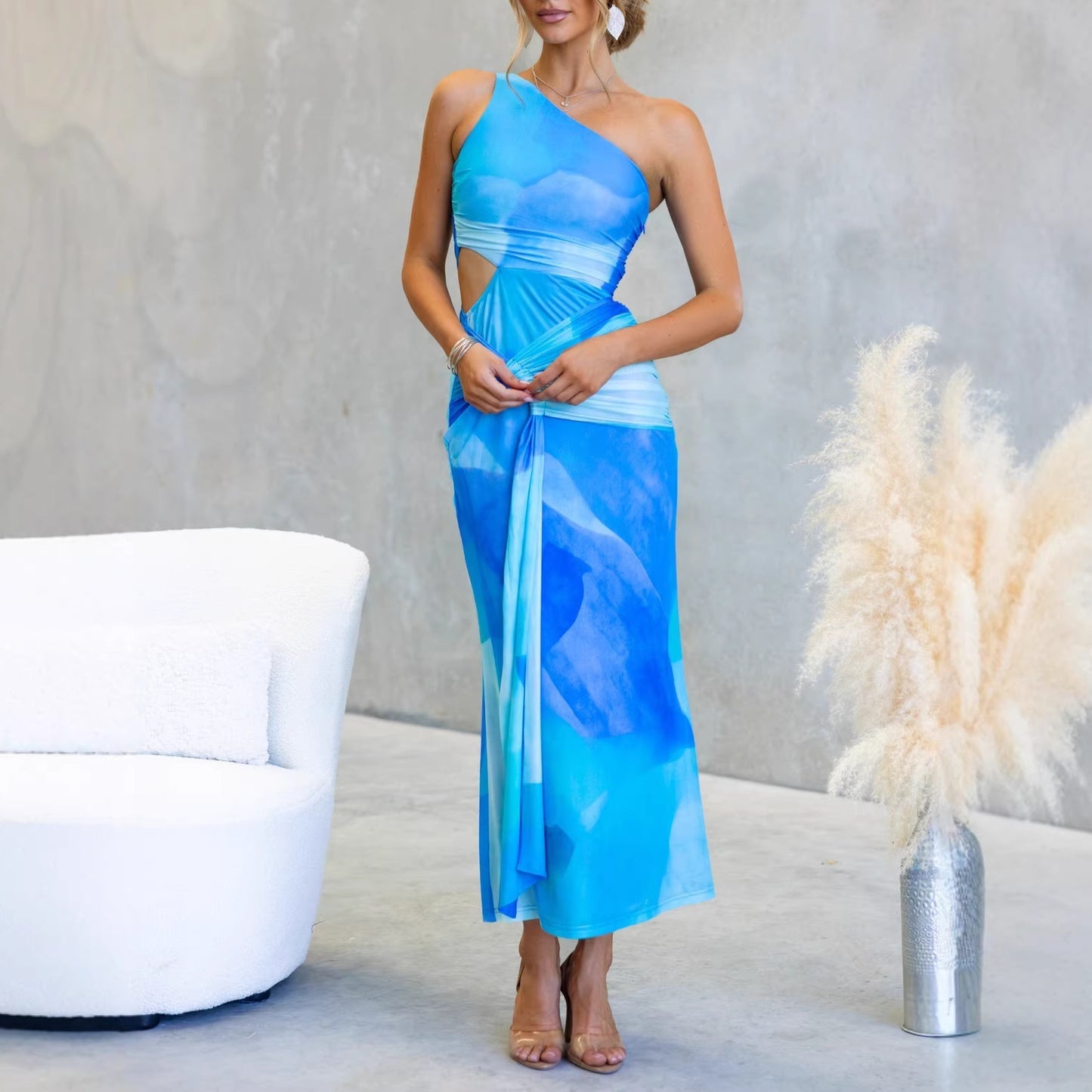 One Shoulder Cutout Twist Maxi Dress