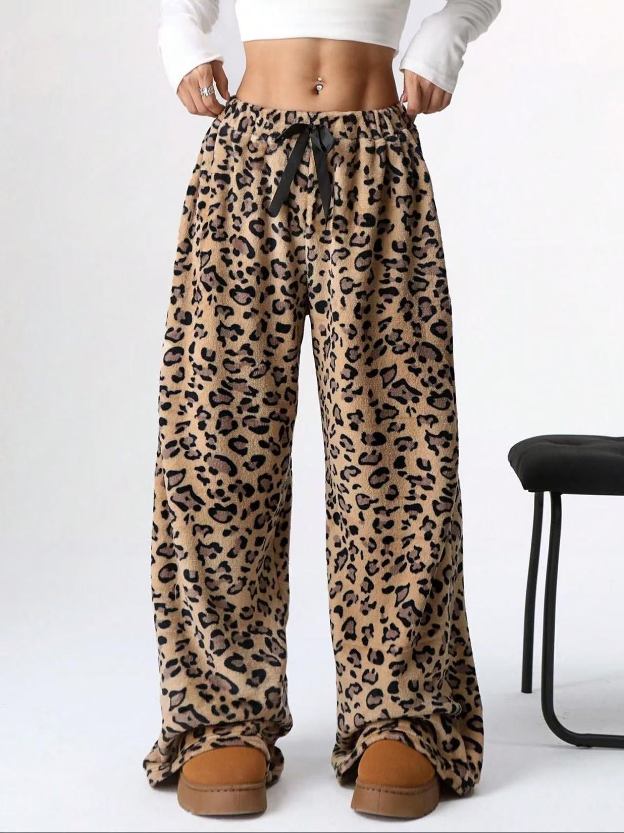 Casual Leopard-Print Straight-Leg Wide-Leg Pants