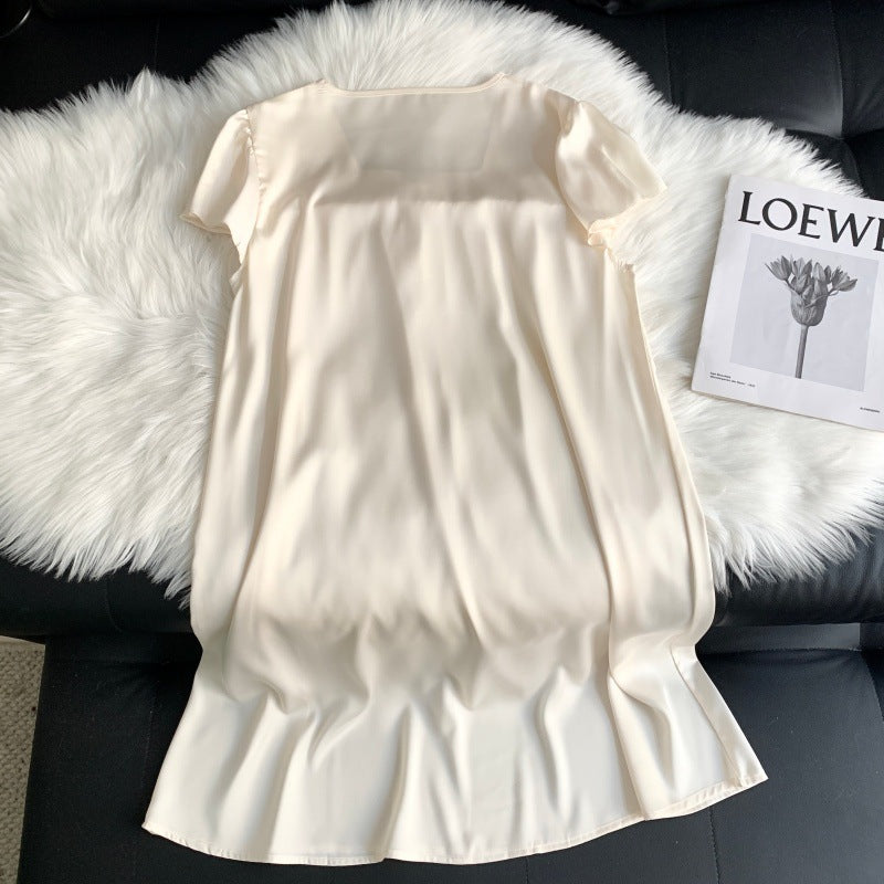 Minimalist-style apricot lace nightgown with a bow for women.