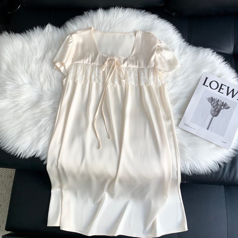 Minimalist-style apricot lace nightgown with a bow for women.
