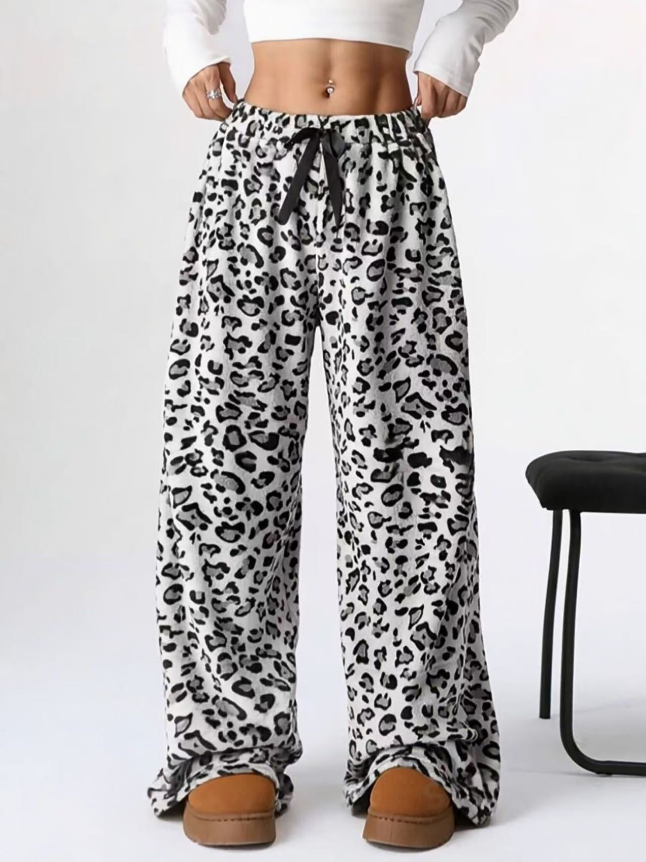 Casual Leopard-Print Straight-Leg Wide-Leg Pants