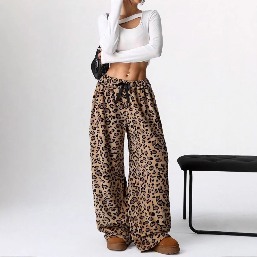 Casual Leopard-Print Straight-Leg Wide-Leg Pants