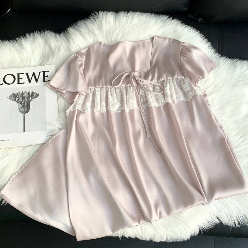 Minimalist-style apricot lace nightgown with a bow for women.