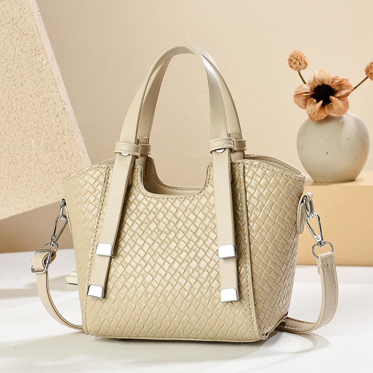 Women's Minimalist Woven-Texture Commuter Bucket Bag