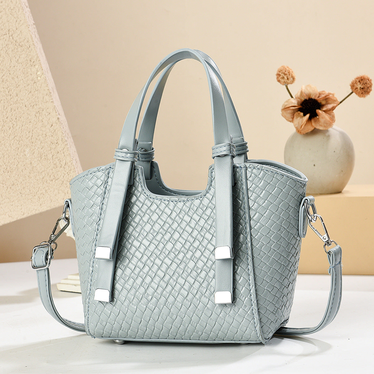 Women's Minimalist Woven-Texture Commuter Bucket Bag