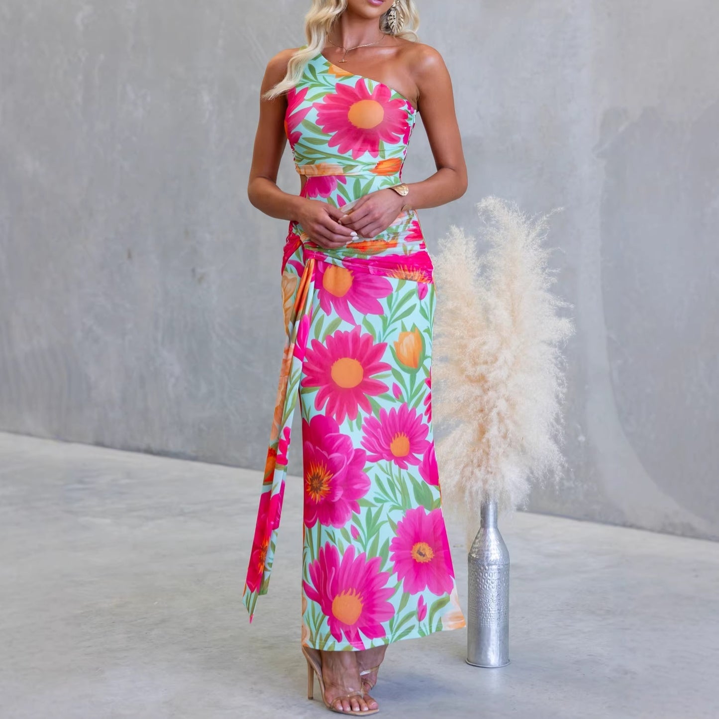 One Shoulder Cutout Twist Maxi Dress