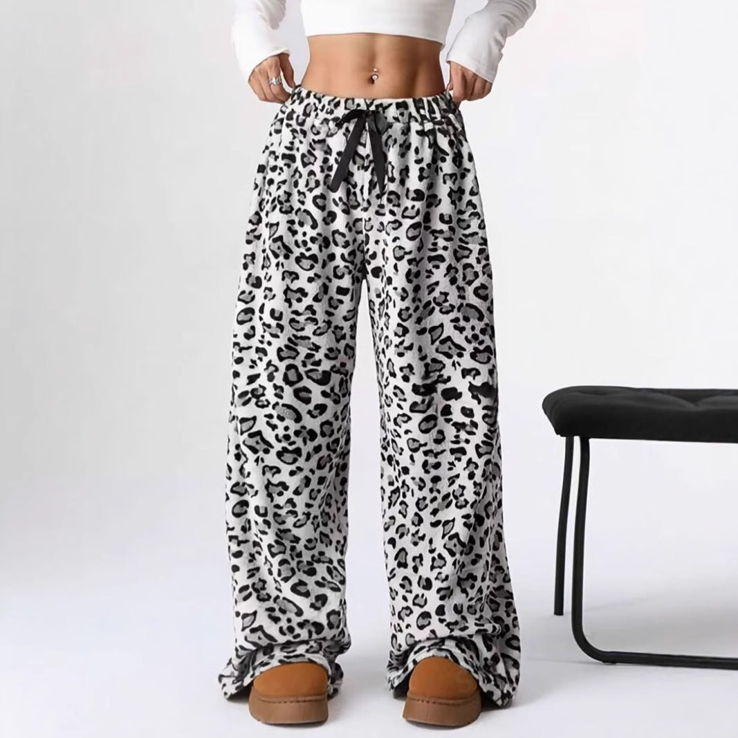 Casual Leopard-Print Straight-Leg Wide-Leg Pants
