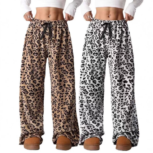 Casual Leopard-Print Straight-Leg Wide-Leg Pants