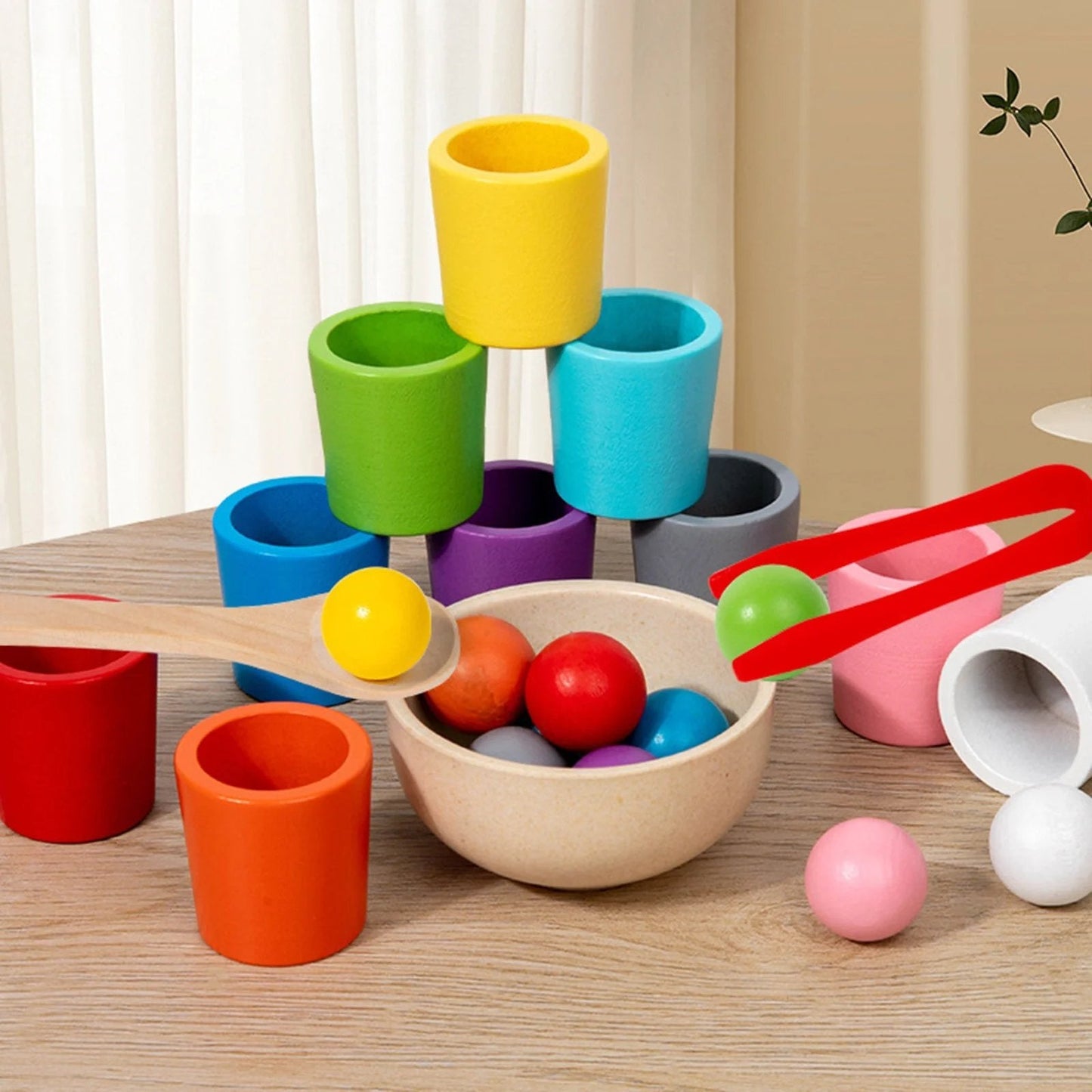 Rainbow Balls in Cups Toddler Montessori Toys, Kids Preschool Wooden Matching Games for Learning Color Sorting and Counting