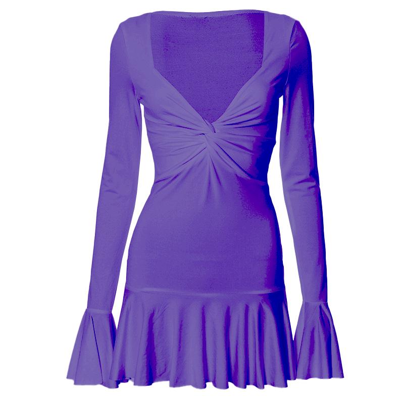 Long flared sleeve ruched v neck solid mini dress