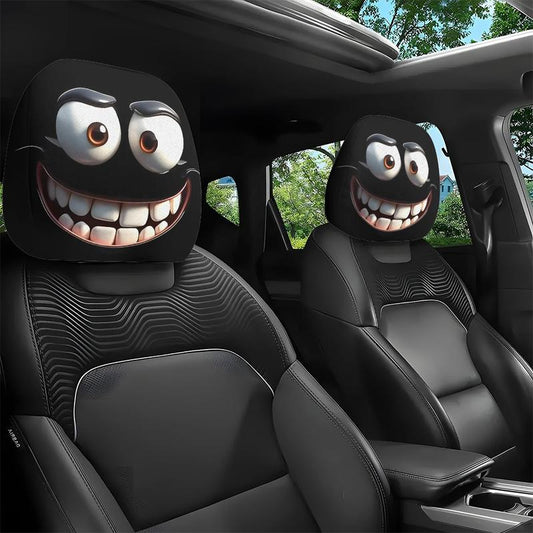 🔥2pcs Set of Funny Big-Eyed Grinning Cartoon Print Car Seat Headrest Covers