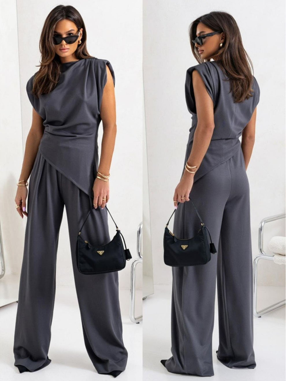 Women's Round Neck Pleated Sleeveless Casual Suit