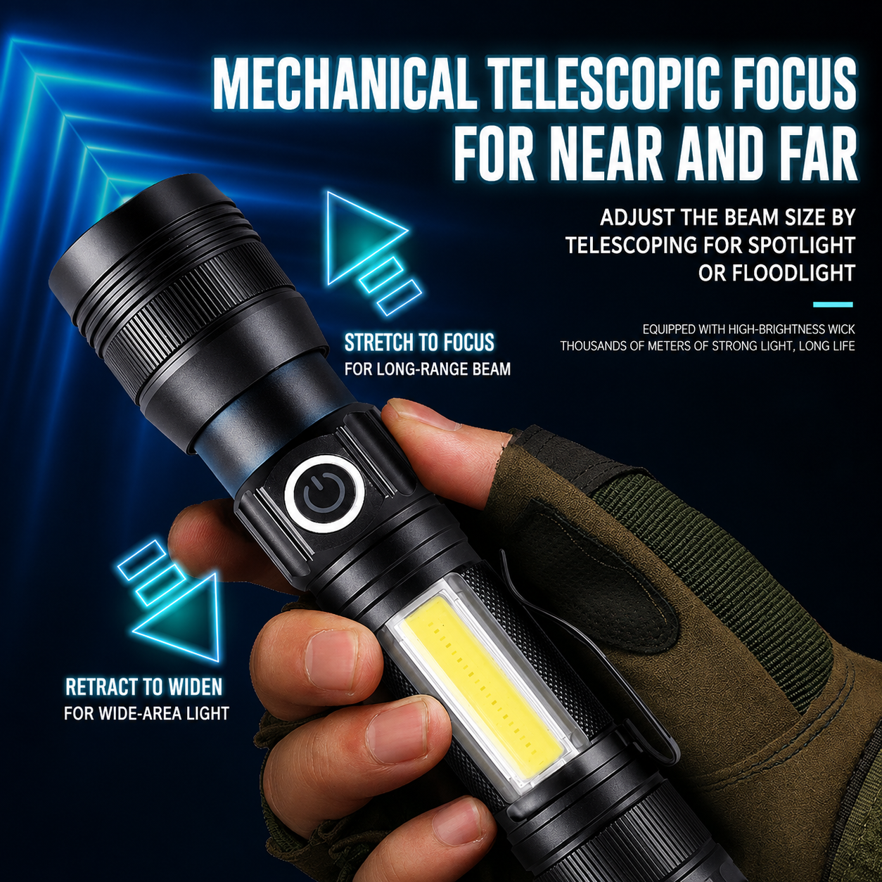 High-intensity flashlight with dual light sources and telescopic zoom