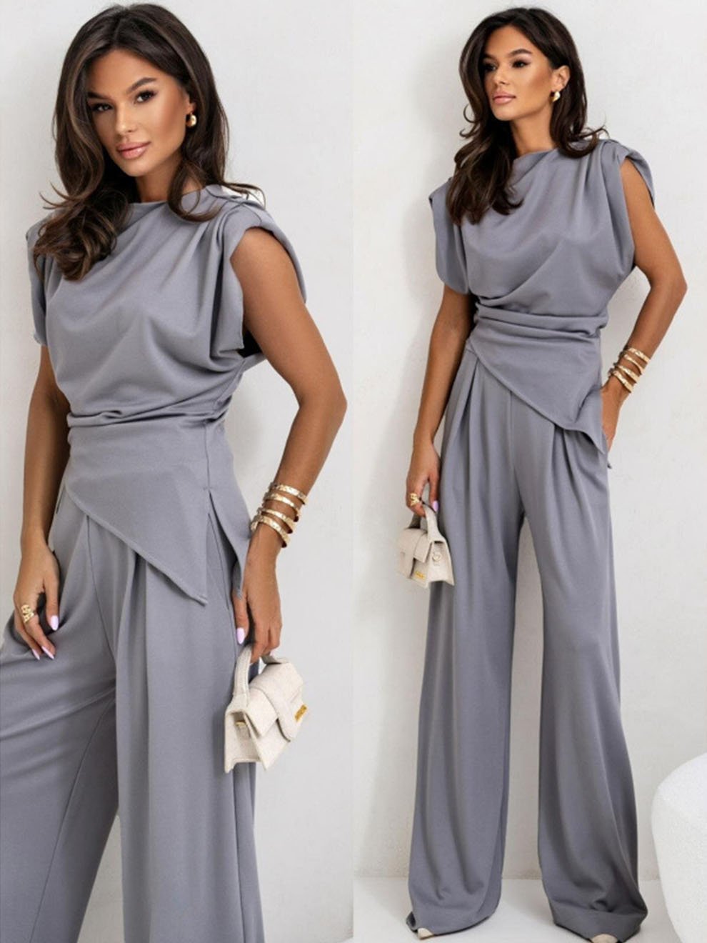 Women's Round Neck Pleated Sleeveless Casual Suit