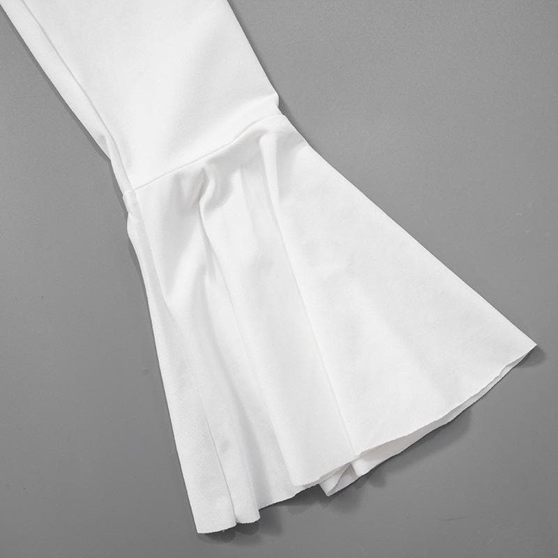 Long flared sleeve ruched v neck solid mini dress