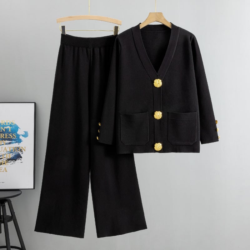 metal button wool sweater wide-leg pants suits
