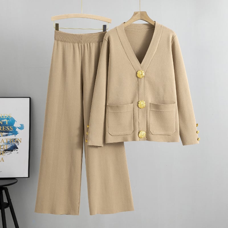 metal button wool sweater wide-leg pants suits