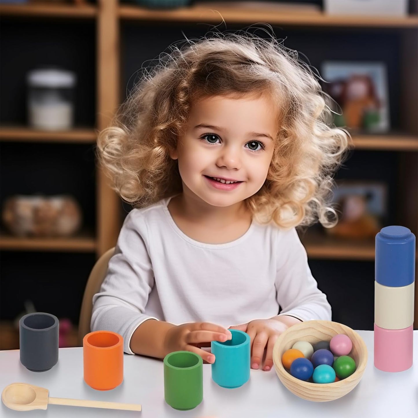 Rainbow Balls in Cups Toddler Montessori Toys, Kids Preschool Wooden Matching Games for Learning Color Sorting and Counting