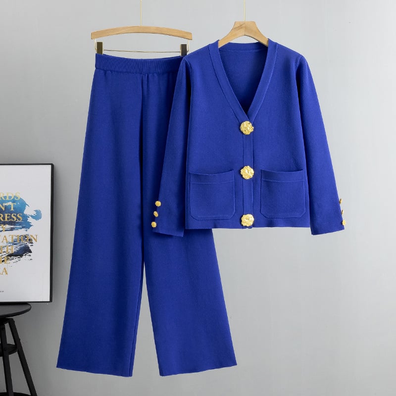 metal button wool sweater wide-leg pants suits
