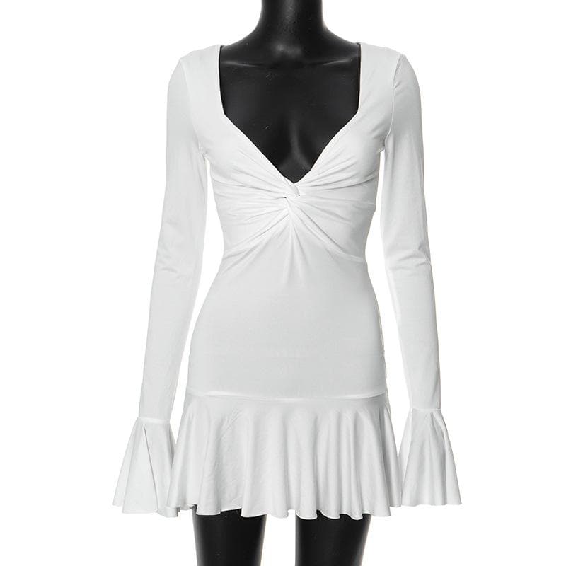 Long flared sleeve ruched v neck solid mini dress